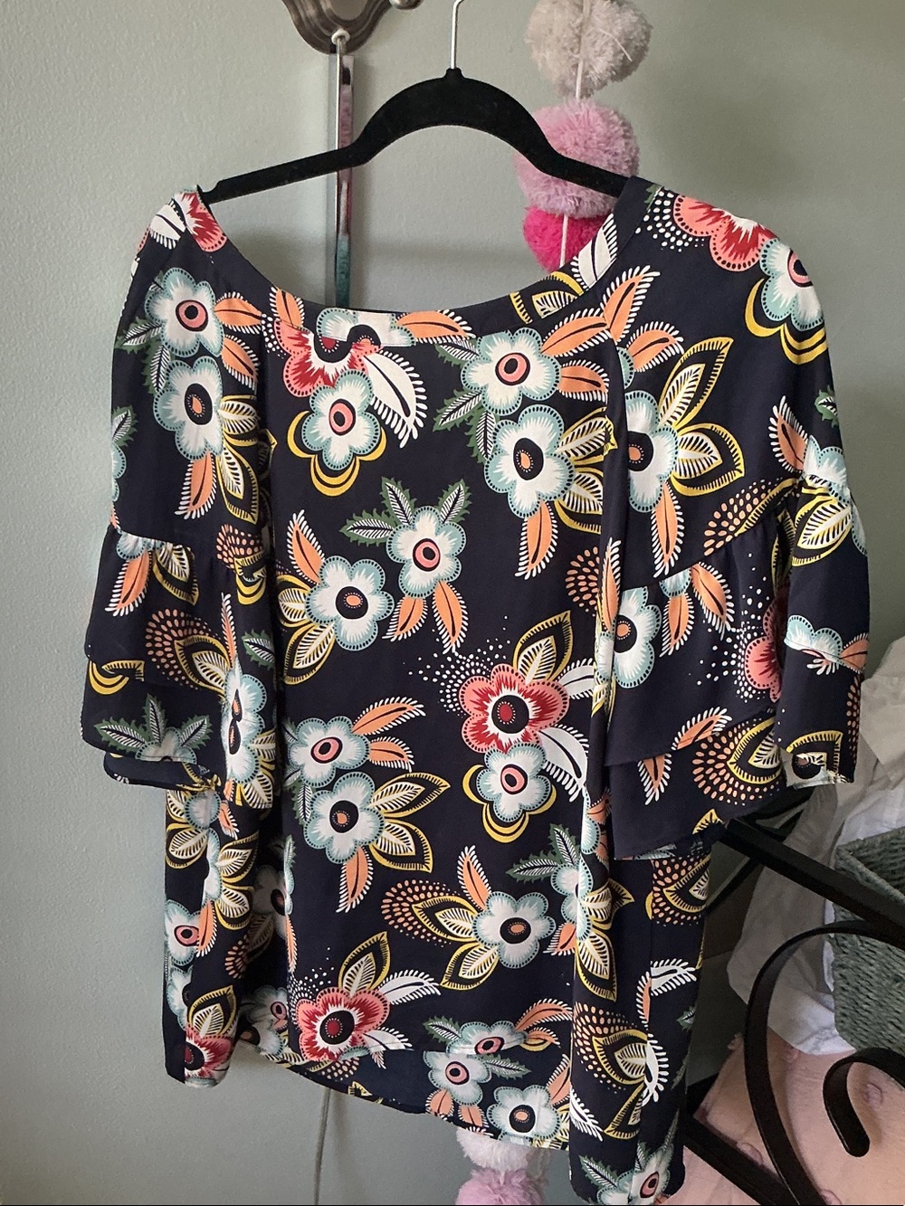 LOFT Floral Cold-Shoulder Blouse in Navy with Multi-Color Print